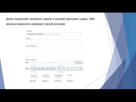 Далее подписчик заполняет форму в которой указывает адрес, ФИО, месяцы подписки и выбирает способ доставки