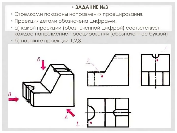 ЗАДАНИЕ №3 Стрелками показаны направления проецирования. Проекция детали обозначена цифрами. а) какой