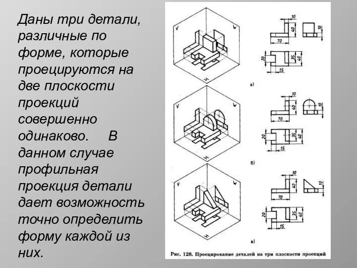 Даны три детали, различные по форме, которые проецируются на две плоскости проекций