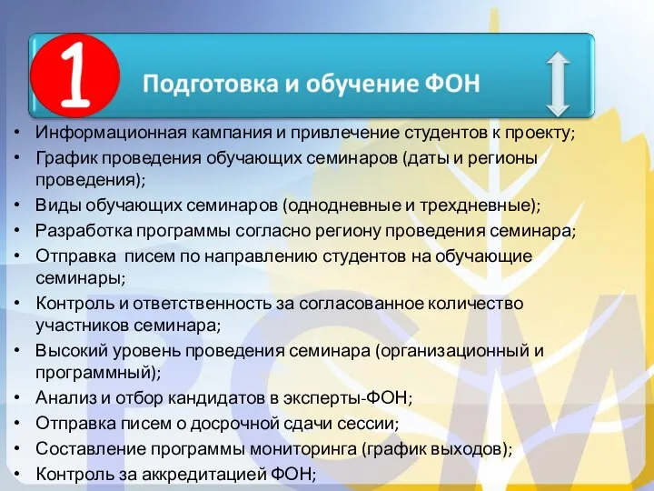 Информационная кампания и привлечение студентов к проекту; График проведения обучающих семинаров (даты