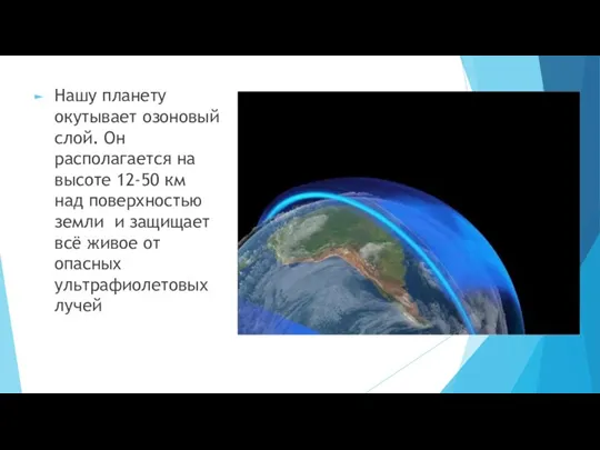 Нашу планету окутывает озоновый слой. Он располагается на высоте 12-50 км над