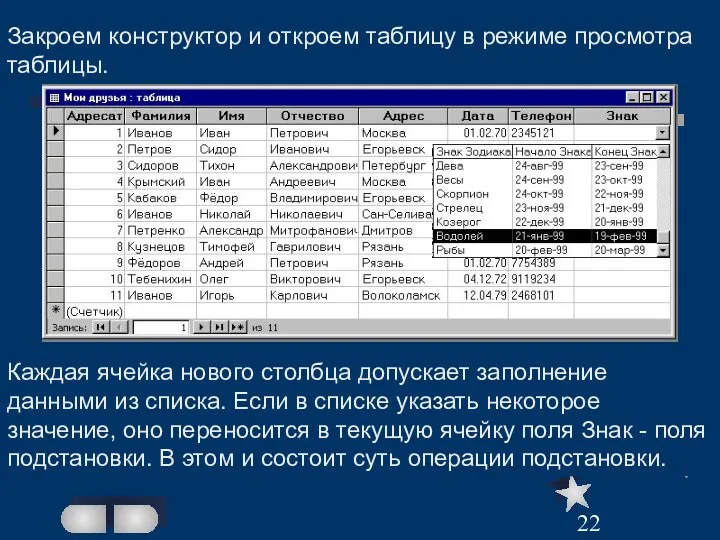 Закроем конструктор и откроем таблицу в режиме просмотра таблицы. Каждая ячейка нового