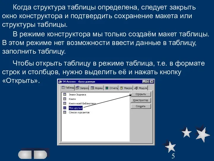 Когда структура таблицы определена, следует закрыть окно конструктора и подтвердить сохранение макета