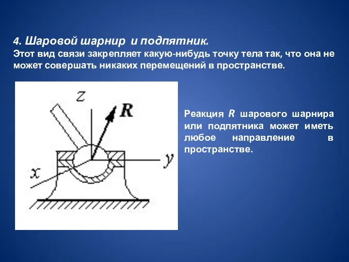 4. Шаровой шарнир и подпятник. Этот вид связи закрепляет какую-нибудь точку тела