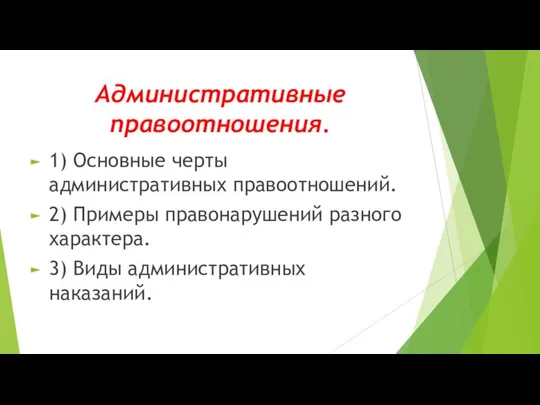 Административные правоотношения. 1) Основные черты административных правоотношений. 2) Примеры правонарушений разного характера. 3) Виды административных наказаний.