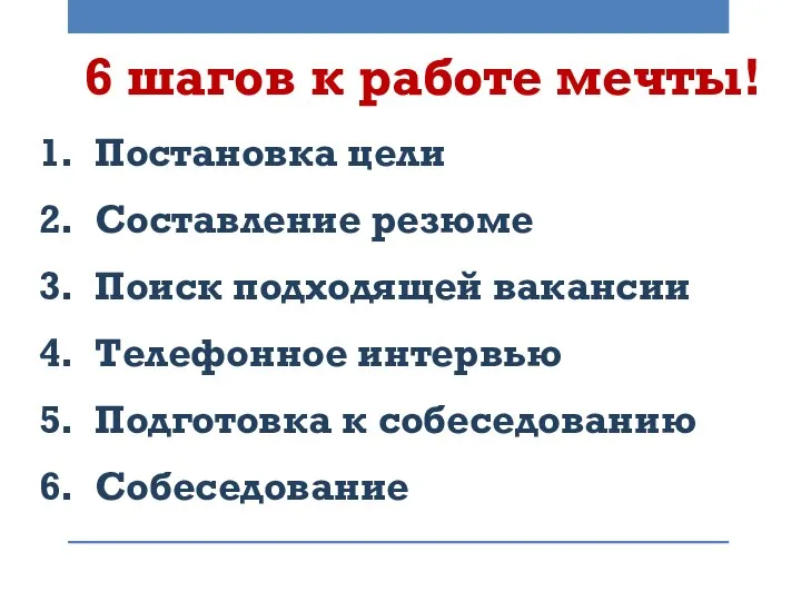 6 шагов к работе мечты! Постановка цели Составление резюме Поиск подходящей вакансии