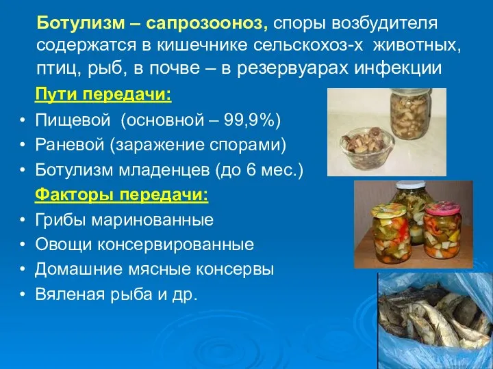 Ботулизм – сапрозооноз, споры возбудителя содержатся в кишечнике сельскохоз-х животных, птиц, рыб,