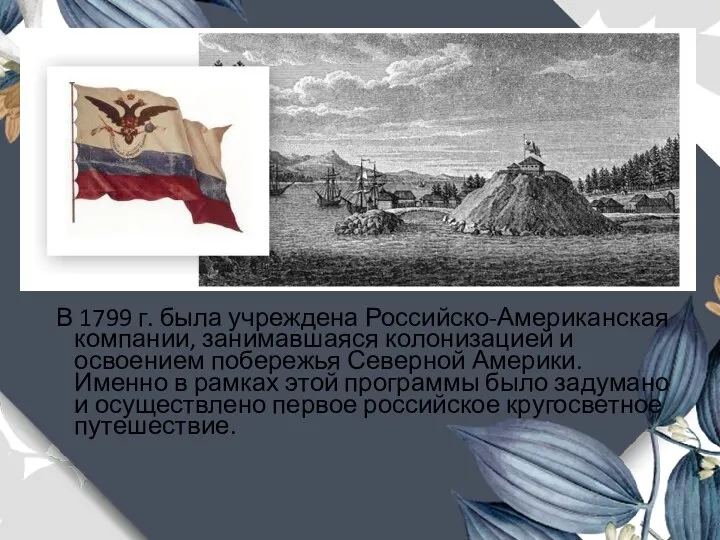 В 1799 г. была учреждена Российско-Американская компании, занимавшаяся колонизацией и освоением побережья