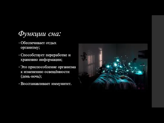 Функции сна: Обеспечивает отдых организму; Способствует переработке и хранению информации; Это приспособление