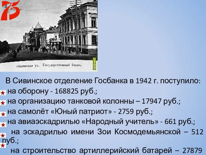 В Сивинское отделение Госбанка в 1942 г. поступило: на оборону - 168825