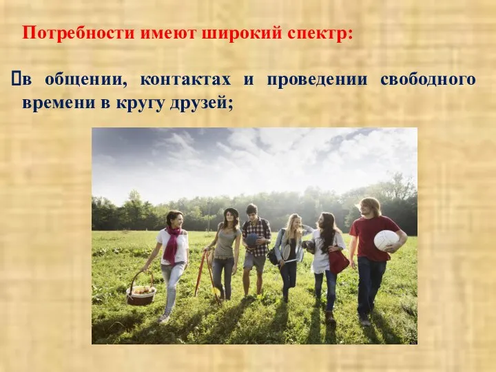 Потребности имеют широкий спектр: в общении, контактах и проведении свободного времени в кругу друзей;