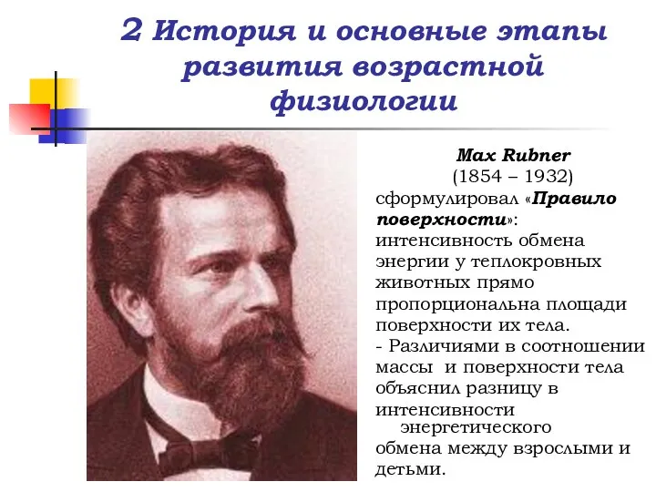 2 История и основные этапы развития возрастной физиологии Max Rubner (1854 –