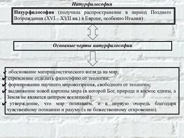 Натурфилософия Натурфилософия (получила распространение в период Позднего Возрождения (XVI – XVII вв.)