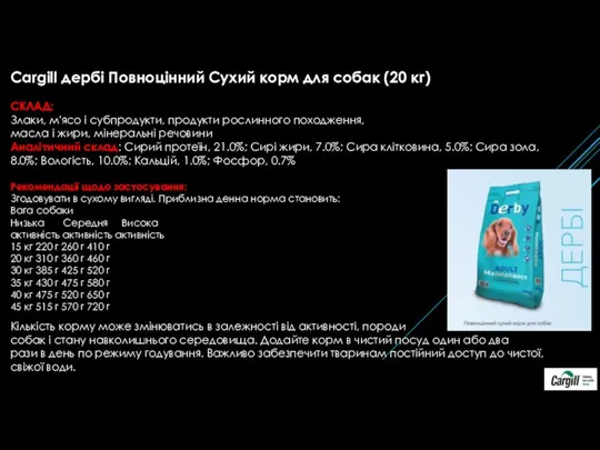 Cargill дербі Повноцінний Сухий корм для собак (20 кг) СКЛАД: Злаки, м'ясо