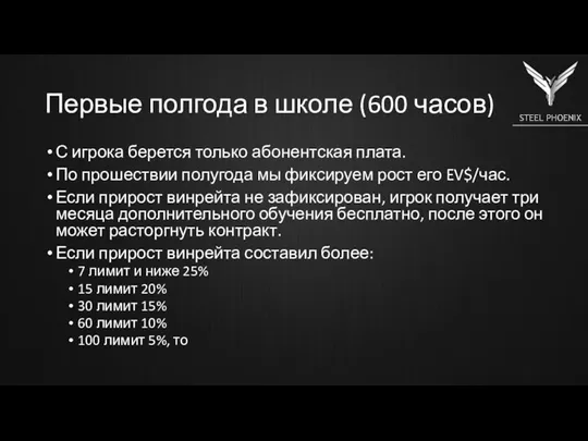 Первые полгода в школе (600 часов) С игрока берется только абонентская плата.