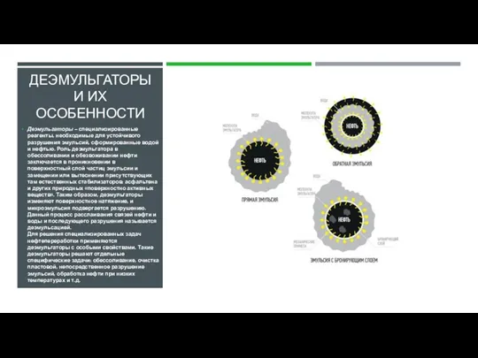 ДЕЭМУЛЬГАТОРЫ И ИХ ОСОБЕННОСТИ Деэмульгаторы – специализированные реагенты, необходимые для устойчивого разрушения