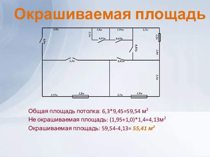 Окрашиваемая площадь Общая площадь потолка: 6,3*9,45=59,54 м2 Не окрашиваемая площадь: (1,95+1,0)*1,4=4,13м2 Окрашиваемая площадь: 59,54-4,13= 55,41 м2