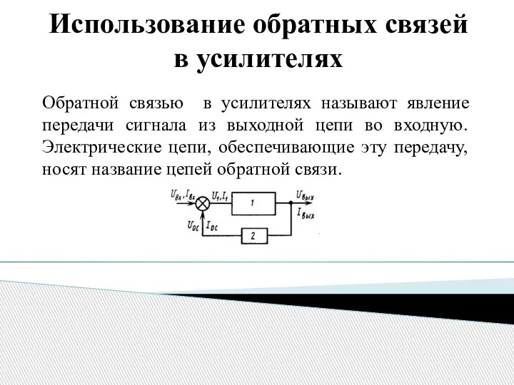 Использование обратных связей в усилителях Обратной связью в усилителях называют явление передачи