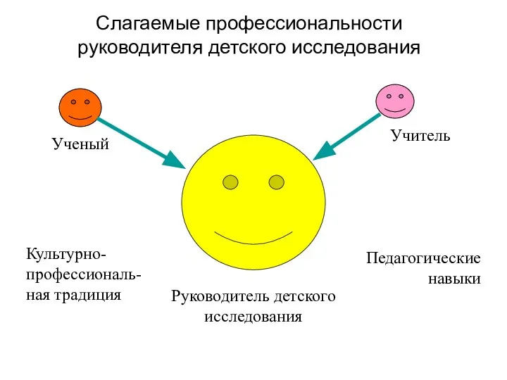 Слагаемые профессиональности руководителя детского исследования Ученый Учитель Руководитель детского исследования Культурно-профессиональ-ная традиция Педагогические навыки