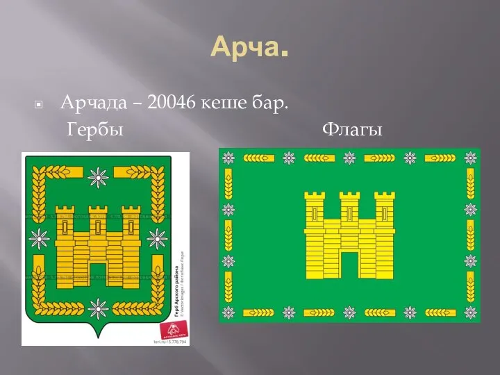 Арча. Арчада – 20046 кеше бар. Гербы Флагы