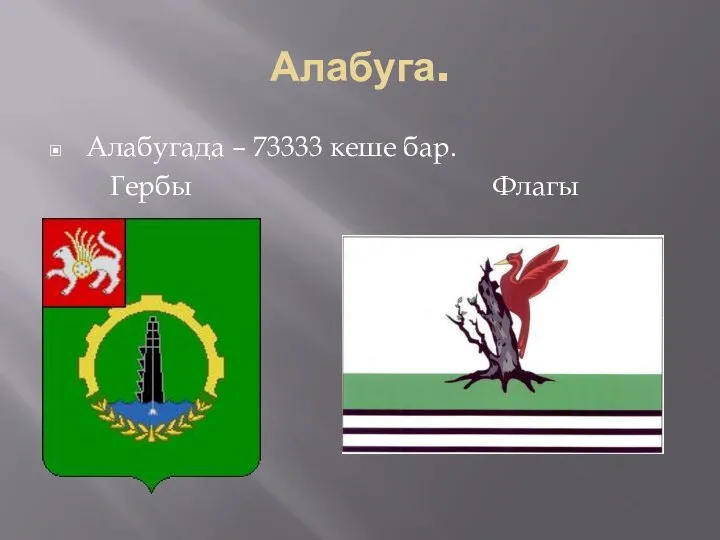 Алабуга. Алабугада – 73333 кеше бар. Гербы Флагы