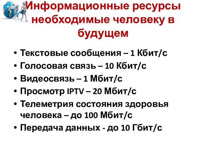 Информационные ресурсы необходимые человеку в будущем Текстовые сообщения – 1 Кбит/с Голосовая