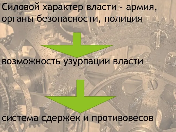 Силовой характер власти - армия, органы безопасности, полиция возможность узурпации власти система сдержек и противовесов