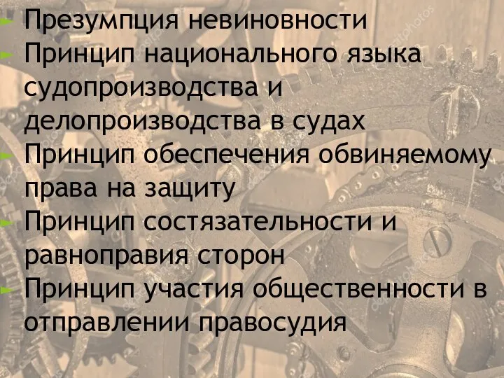 Презумпция невиновности Принцип национального языка судопроизводства и делопроизводства в судах Принцип обеспечения