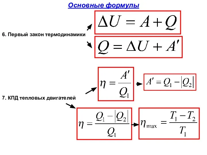 6. Первый закон термодинамики 7. КПД тепловых двигателей Основные формулы