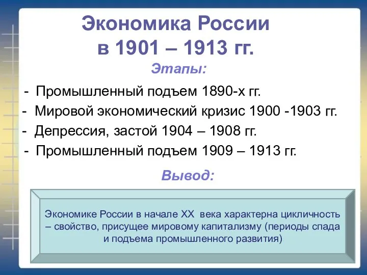 Промышленный подъем 1890-х гг. - Мировой экономический кризис 1900 -1903 гг. -