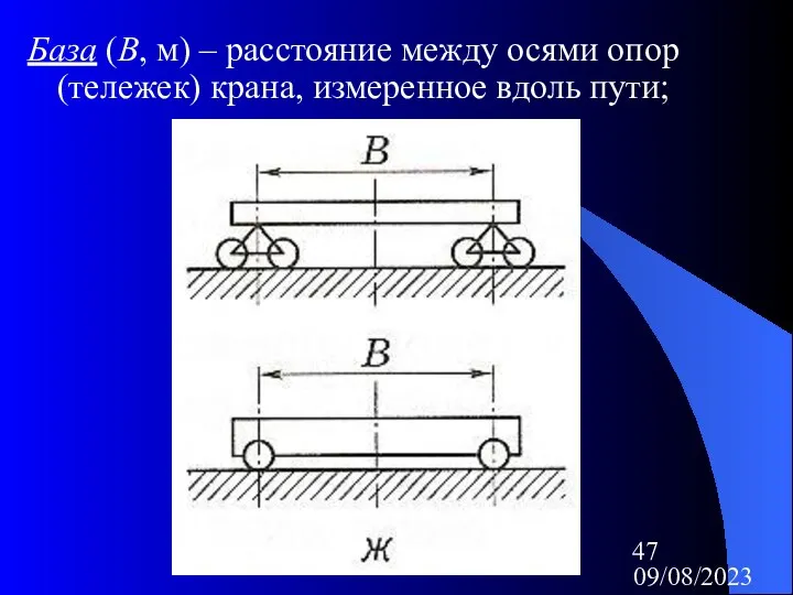 09/08/2023 База (В, м) – расстояние между осями опор (тележек) крана, измеренное вдоль пути;