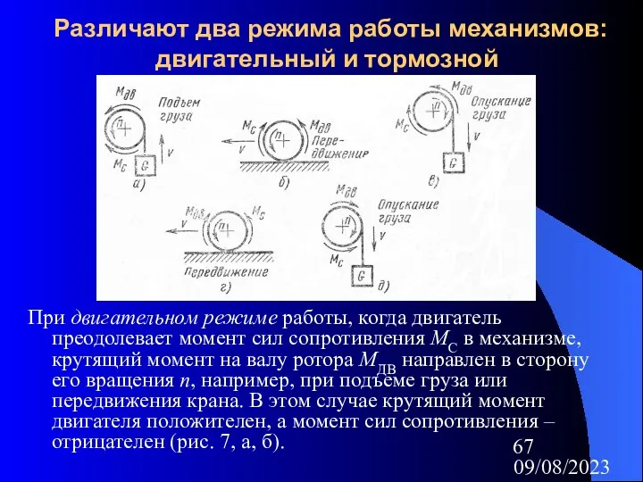 09/08/2023 Различают два режима работы механизмов: двигательный и тормозной При двигательном режиме