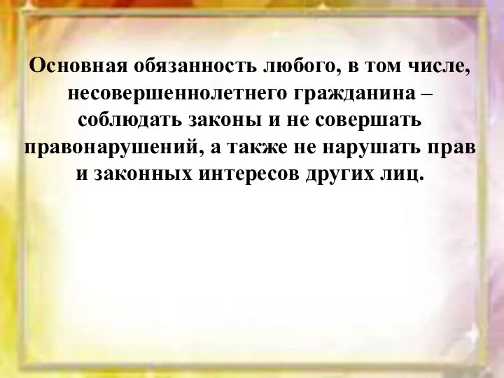 Основная обязанность любого, в том числе, несовершеннолетнего гражданина – соблюдать законы и