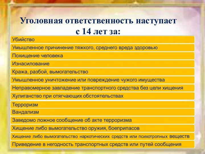 Уголовная ответственность наступает с 14 лет за: