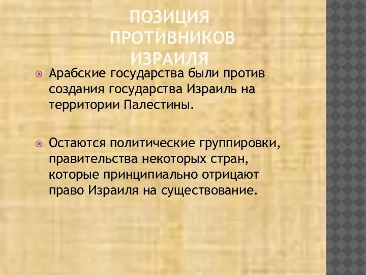 ПОЗИЦИЯ ПРОТИВНИКОВ ИЗРАИЛЯ Арабские государства были против создания государства Израиль на территории