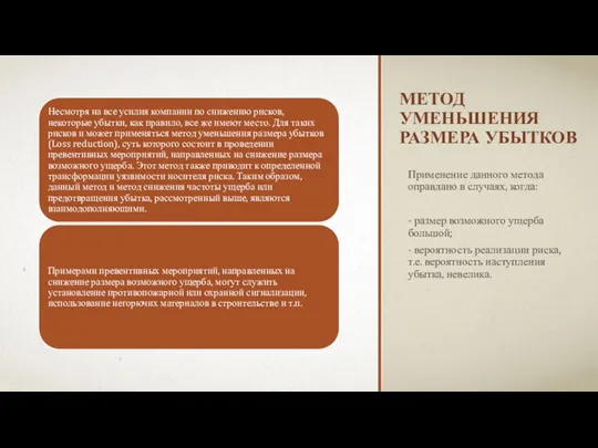 МЕТОД УМЕНЬШЕНИЯ РАЗМЕРА УБЫТКОВ Применение данного метода оправдано в случаях, когда: -