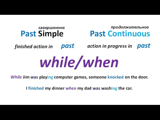 Past Continuous Past Simple While Jim was playing computer games, someone knocked