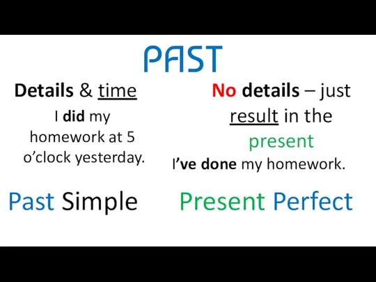 PAST Past Simple Details & time No details – just result in