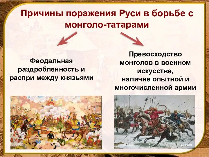 Причины поражения Руси в борьбе с монголо-татарами Феодальная раздробленность и распри между