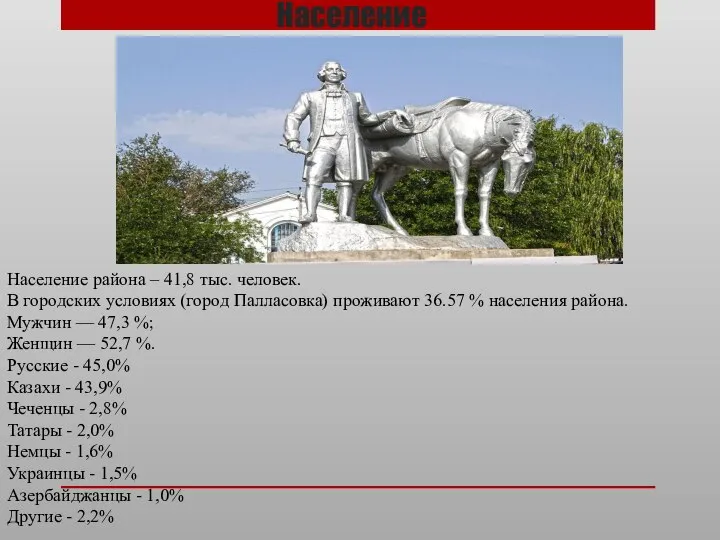 Население Население района – 41,8 тыс. человек. В городских условиях (город Палласовка)