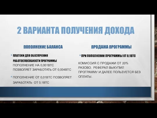 2 ВАРИАНТА ПОЛУЧЕНИЯ ДОХОДА ПОПОЛНЕНИЕ БАЛАНСА ПЛАТЕЖИ ДЛЯ ОБЕСПЕЧЕНИЯ РАБОТОСПОСОБНОСТИ ПРОГРАММЫ ПОПОЛНЕНИЕ