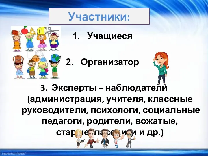 Участники: Учащиеся Организатор 3. Эксперты – наблюдатели (администрация, учителя, классные руководители, психологи,