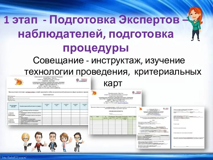 1 этап - Подготовка Экспертов – наблюдателей, подготовка процедуры Совещание - инструктаж,