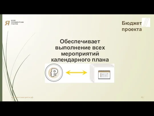 я ФОНД ПРЕЗИДЕНТСКИХ ГРАНТОВ Бюджет проекта Обеспечивает выполнение всех мероприятий календарного плана президентскиегранты.рф / 93 /