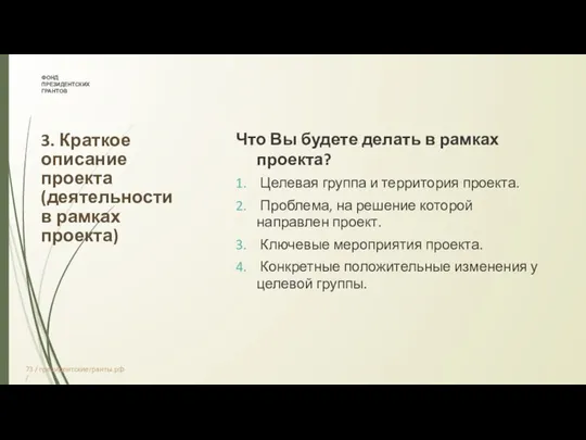 ФОНД ПРЕЗИДЕНТСКИХ ГРАНТОВ 3. Краткое описание проекта (деятельности в рамках проекта) Что