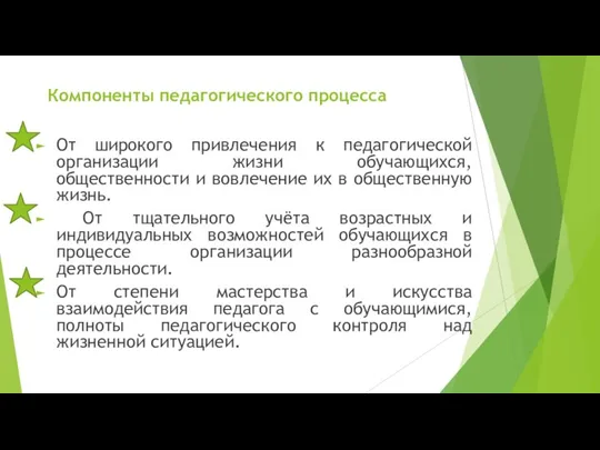 Компоненты педагогического процесса От широкого привлечения к педагогической организации жизни обучающихся, общественности