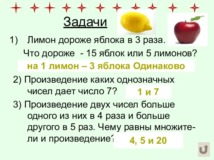 Задачи Лимон дороже яблока в 3 раза. Что дороже - 15 яблок