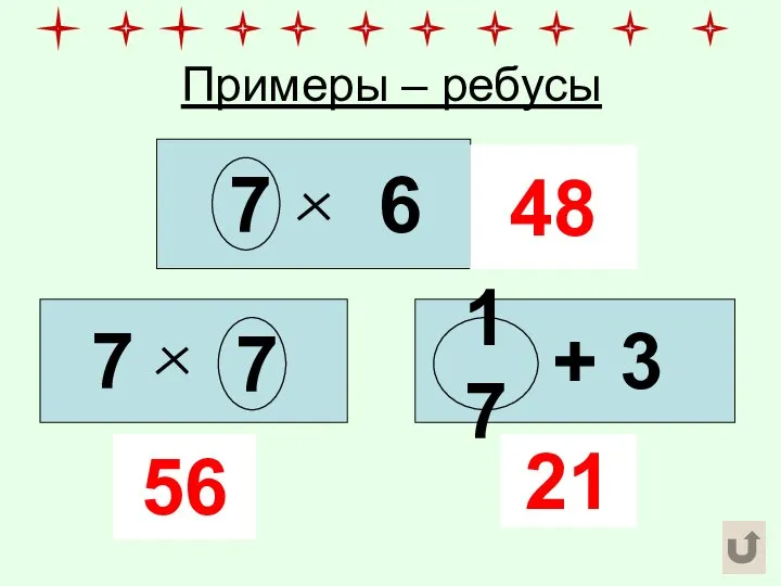 Примеры – ребусы 6 7 7 7 + 3 17 48 56 21