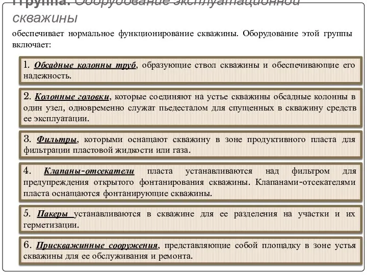 I группа. Оборудование эксплуатационной скважины обеспечивает нормальное функционирование скважины. Оборудование этой группы