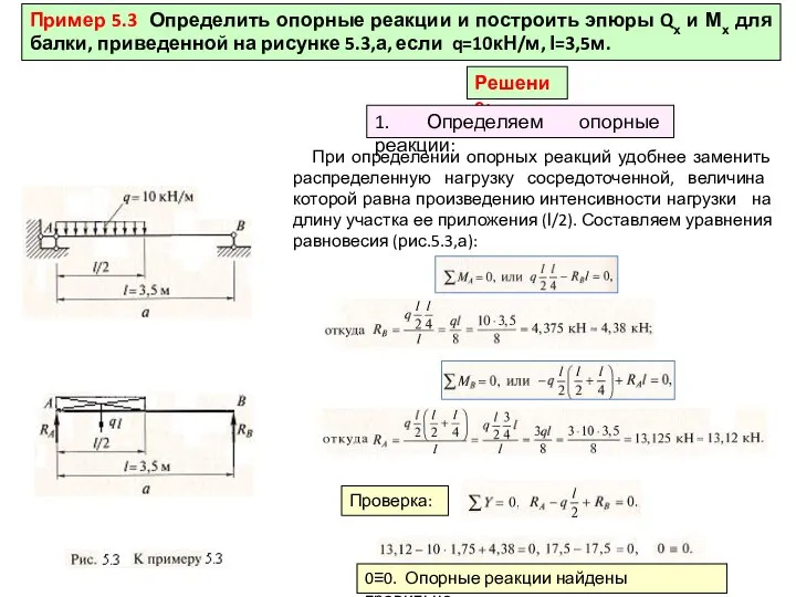 Пример 5.3 Определить опорные реакции и построить эпюры Qх и Мх для